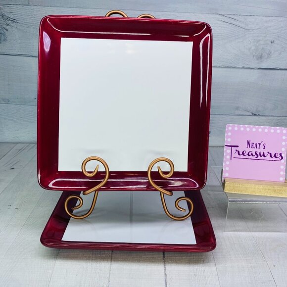 Pampered Chef SIMPLE ADDITIONS STRIPE Cranberry Red Square Dinner Plates Set 2